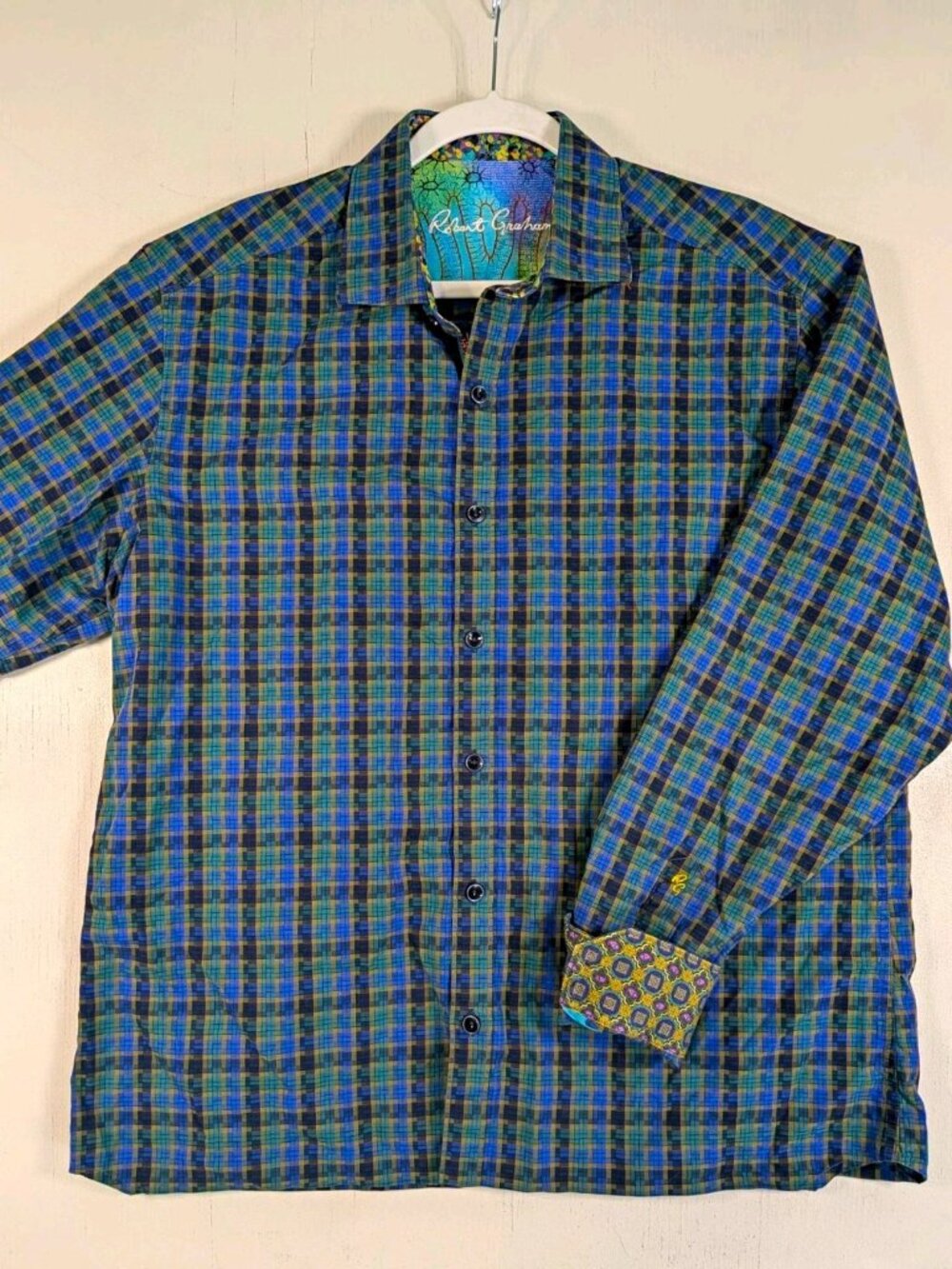 Robert Graham Blue Green Plaid Woven Button-Front Shirt Mens L Long Sleeve